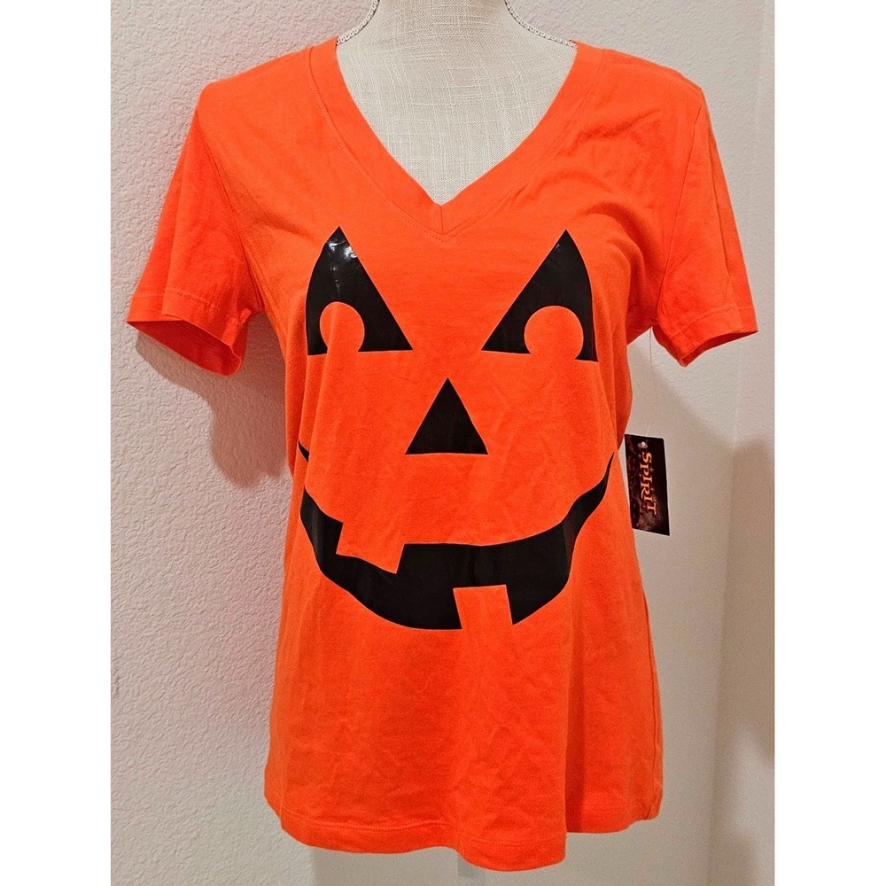 Spirit Halloween Jack-O-Lantern Pumpkin V-Neck T-Shirt Orange Womens Small NWT